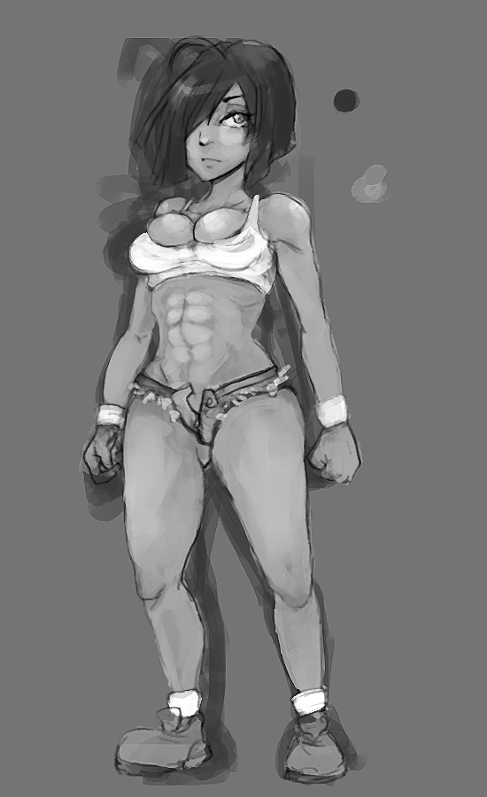 abs bad_id bad_tumblr_id breasts cleavage cutoffs full_body greyscale long_hair medium_breasts midriff monochrome navel open_fly radio_toy short_shorts shorts solo sports_bra standing unzipped wristband