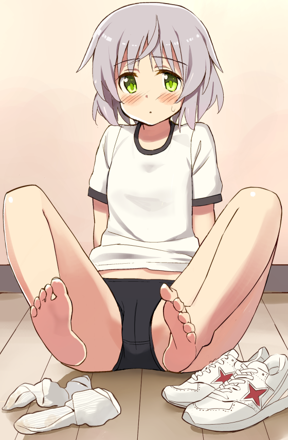 arm_support barefoot blush buruma feet glastonbury1966 green_eyes gym_uniform sanya_v_litvyak shoes shoes_removed short_hair silver_hair sitting sneakers socks_removed soles solo strike_witches sweatdrop world_witches_series