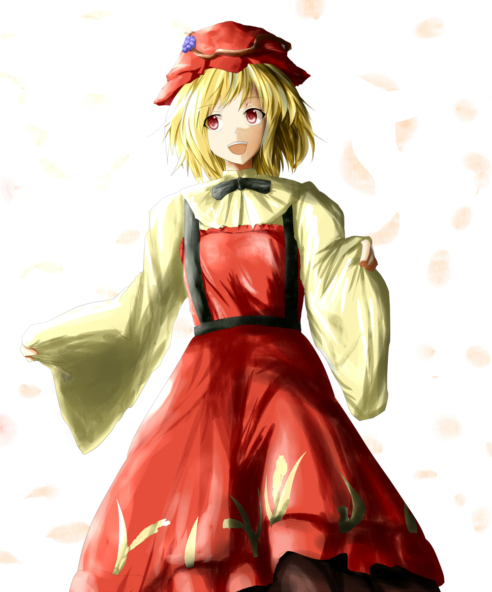 aki_minoriko ao-shiba blonde_hair hat highres open_mouth oversized_clothes petals red_eyes short_hair solo touhou white_background wide_sleeves