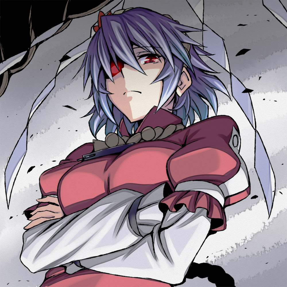 breasts crossed_arms eyepatch h-new large_breasts long_sleeves looking_at_viewer neckerchief puffy_short_sleeves puffy_sleeves purple_hair red_eyes rope shimenawa short_over_long_sleeves short_sleeves solo touhou upper_body villain_pose yasaka_kanako
