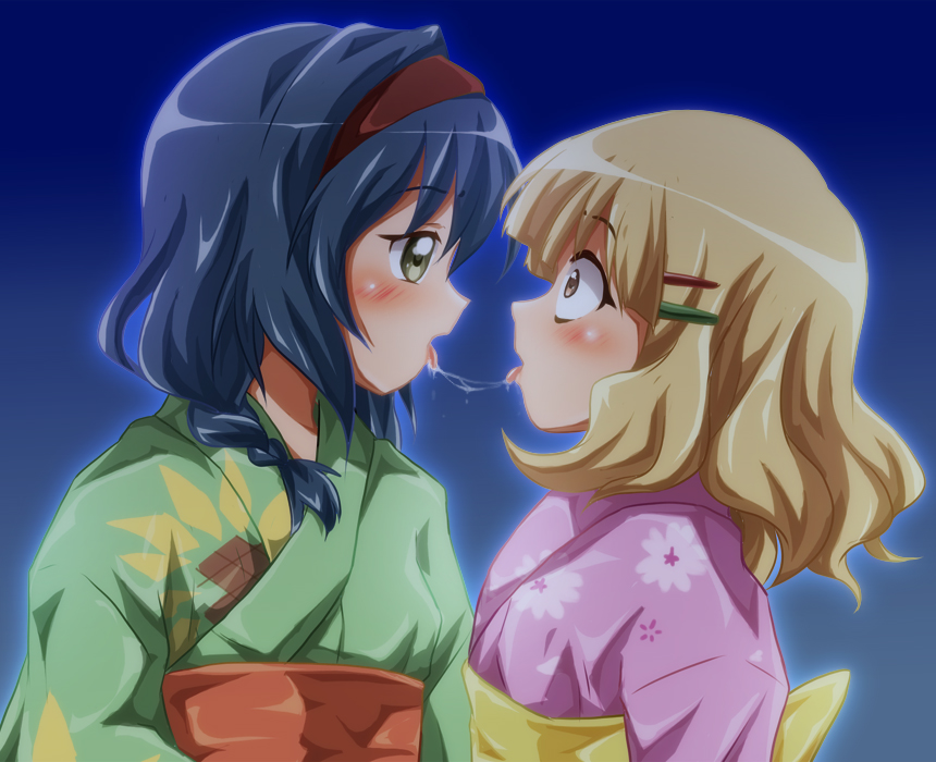 blue_background blue_hair braid brown_eyes furutani_himawari hair_ornament hairband hairclip japanese_clothes kimono kiss multiple_girls oomuro_sakurako open_mouth saliva saliva_trail shishinon surprise_kiss surprised tongue tongue_out yukata yuri yuru_yuri