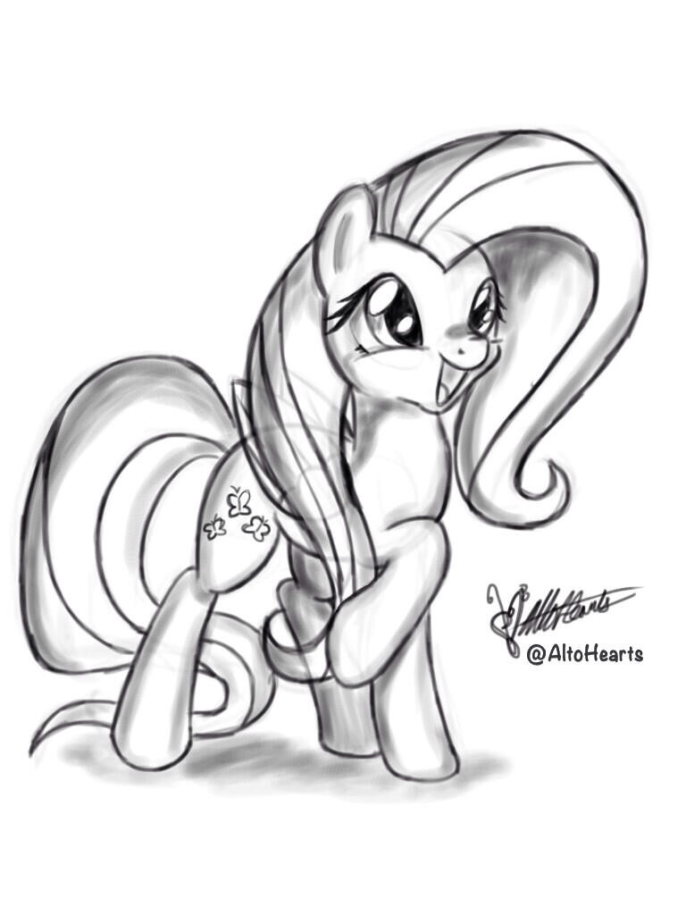 altohearts cutie_mark equine female feral fluttershy_(mlp) friendship_is_magic hair happy horse long_hair mammal monochrome my_little_pony open_mouth pegasus plain_background pony solo white_background wings