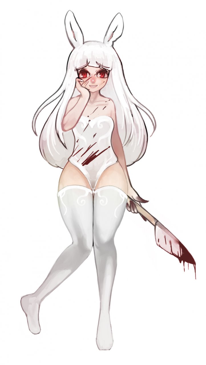 animal_ears blood clothed clothing corset creepy female hair herm human intersex knife legwear long_hair looking_at_viewer mammal picorna plain_background rabbit_ears red_eyes satin_(character) smile solo standing stockings thigh_highs white_background white_hair yandere