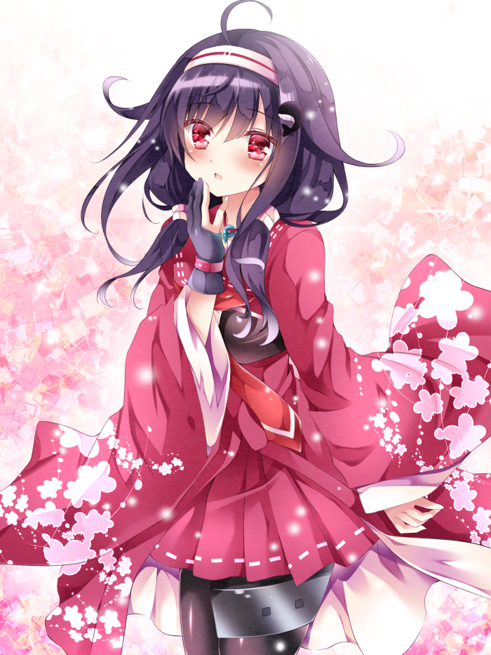 :d ahoge black_legwear cowboy_shot gloves hair_flaps headband japanese_clothes kantai_collection kimono looking_at_viewer low_twintails magatama nogi_takayoshi open_mouth pantyhose partly_fingerless_gloves purple_hair red_eyes ryuuhou_(kantai_collection) smile solo standing taigei_(kantai_collection) thigh_strap twintails