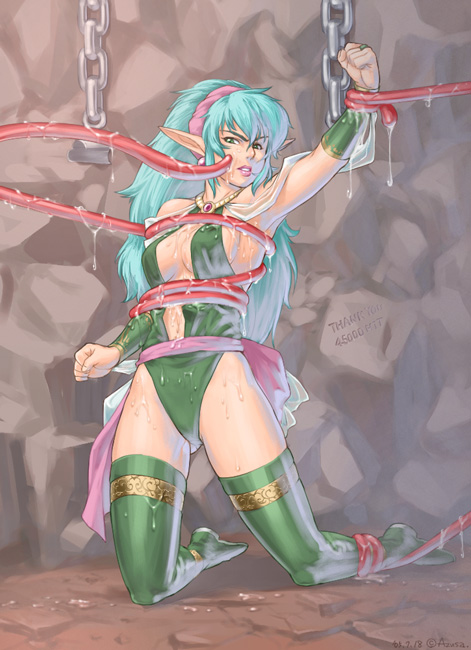 1girl artist_request azusa_(hws) blue_hair boots cisty elf green_eyes green_hair imminent_rape jewelry leotard lightbringer long_hair lots_of_jewelry pointy_ears restrained sash taito tentacle thigh_boots thighhighs wet