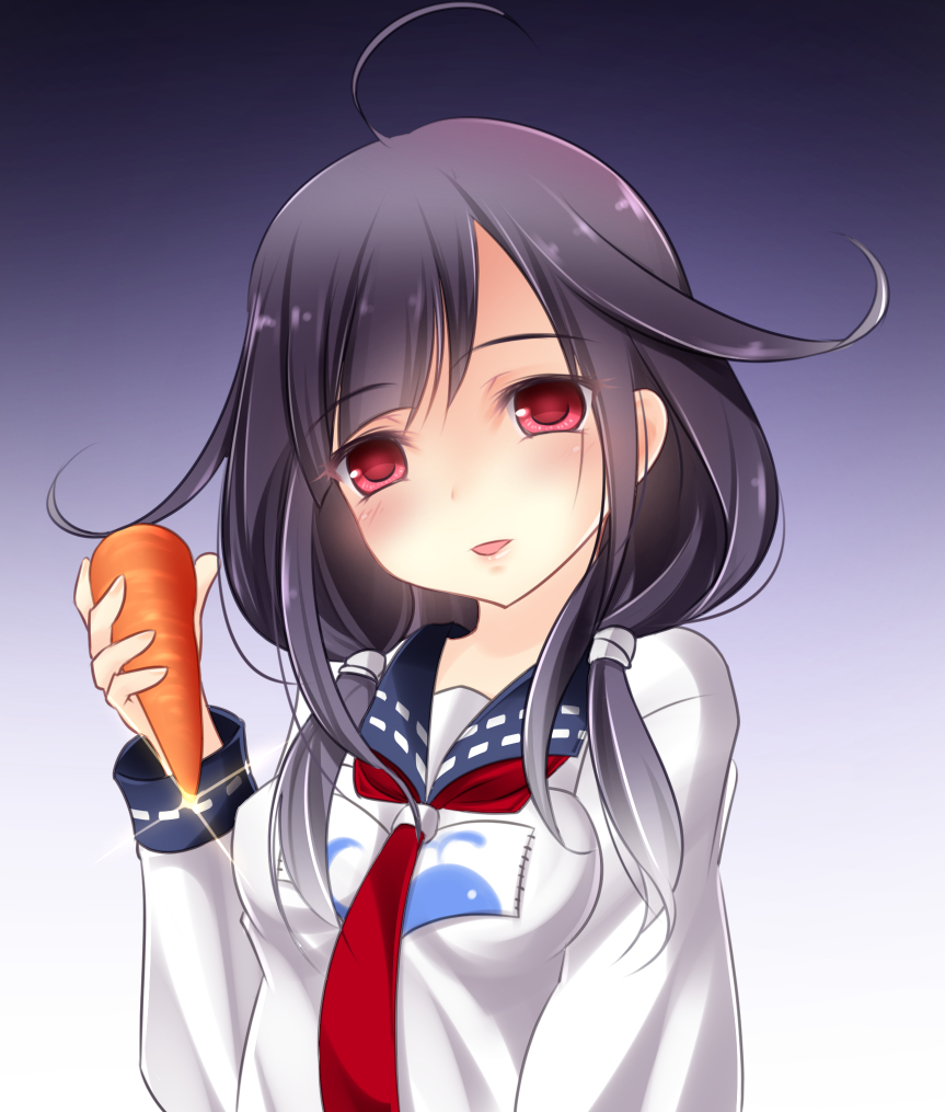 :d ahoge apron carrot glint gradient gradient_background hair_flaps head_tilt holding holding_vegetable kantai_collection kappougi long_hair long_sleeves looking_afar low_twintails necktie open_mouth purple_hair red_eyes red_neckwear shirt simple_background smile solo taigei_(kantai_collection) tareme twintails upper_body white_shirt yayayoruyoru