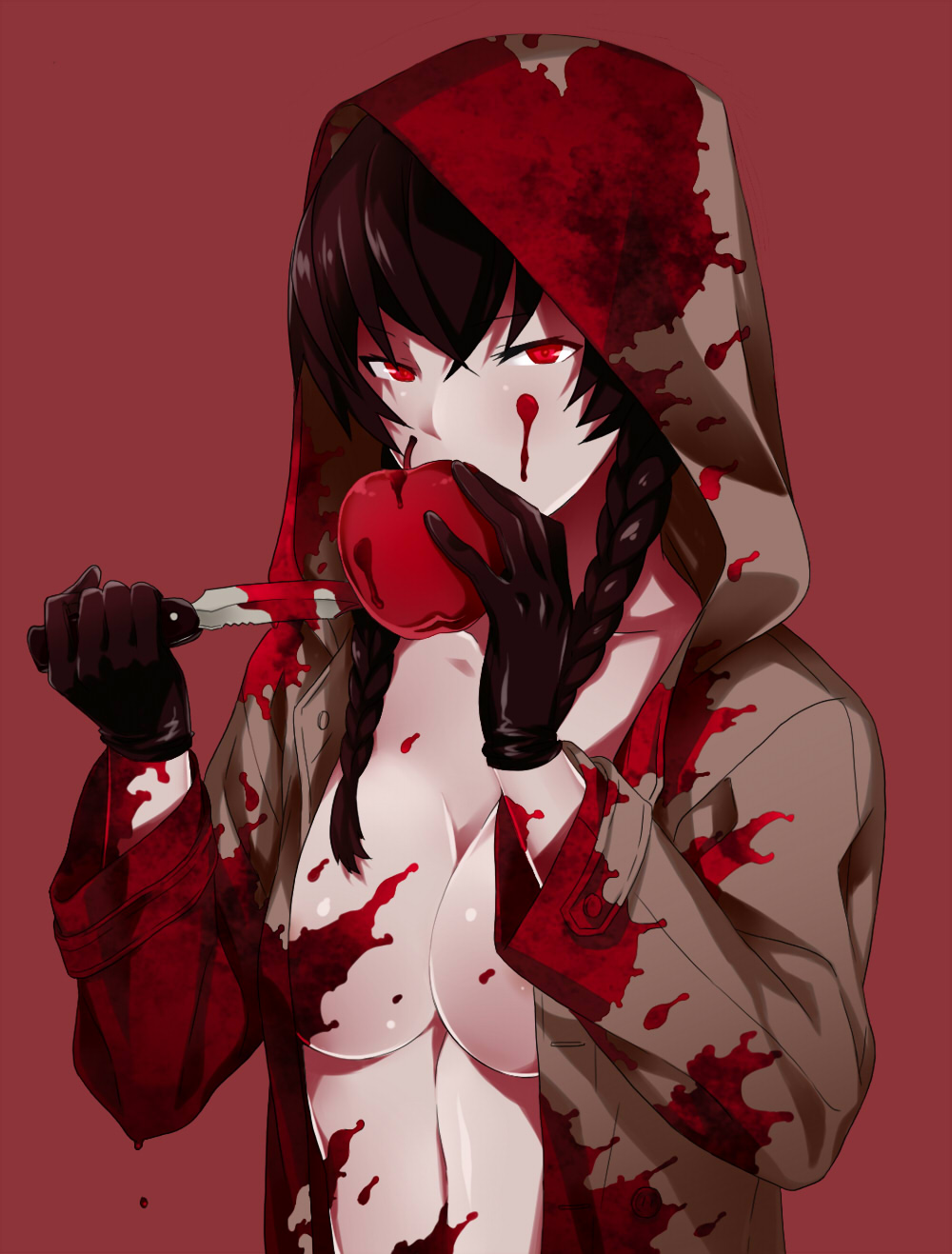 apple areola_slip areolae arizuka_(catacombe) blood blood_splatter braid breasts brown_hair food fruit gloves hair_over_shoulder highres hood jacket knife large_breasts no_bra open_clothes open_jacket original red_eyes solo twin_braids