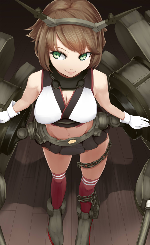 anchor bare_shoulders breasts brown_hair c: cannon chain from_above gloves green_eyes hairband headgear kantai_collection kirisaki_akihito large_breasts midriff miniskirt mutsu_(kantai_collection) navel short_hair skirt solo thighhighs turret