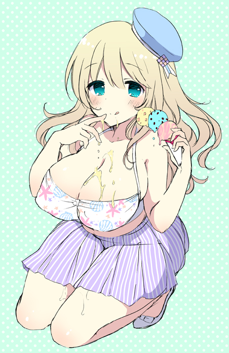 :q alternate_costume atago_(kantai_collection) blonde_hair blush breasts cleavage food full_body green_eyes hat ice_cream kantai_collection large_breasts long_hair looking_at_viewer messy mozuya_murasaki smile solo tongue tongue_out