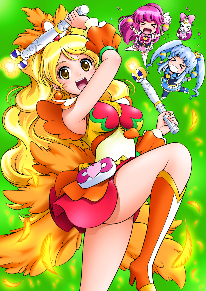 &gt;_&lt; :d aino_megumi alternate_form black_legwear blonde_hair blue_hair blue_skirt boots bow brooch chibi closed_eyes coconut_samba confetti creature crown cure_honey cure_lovely cure_princess dual_wielding feathers green_background happinesscharge_precure! happy holding instrument jewelry knee_boots long_hair magical_girl maracas mattsua mini_crown multiple_girls oomori_yuuko open_mouth orange_footwear pink_bow pink_hair pink_skirt ponytail precure ribbon_(happinesscharge_precure!) samba shirayuki_hime shoes skirt smile standing standing_on_one_leg thigh_boots thighhighs twintails very_long_hair wand white_legwear yellow_eyes