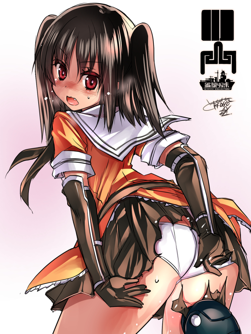 ass bangs blush brown_gloves brown_hair elbow_gloves fang gloves kantai_collection open_mouth panties red_eyes sendai_(kantai_collection) skirt solo tokita_monta torn_clothes torn_skirt two_side_up underwear white_panties