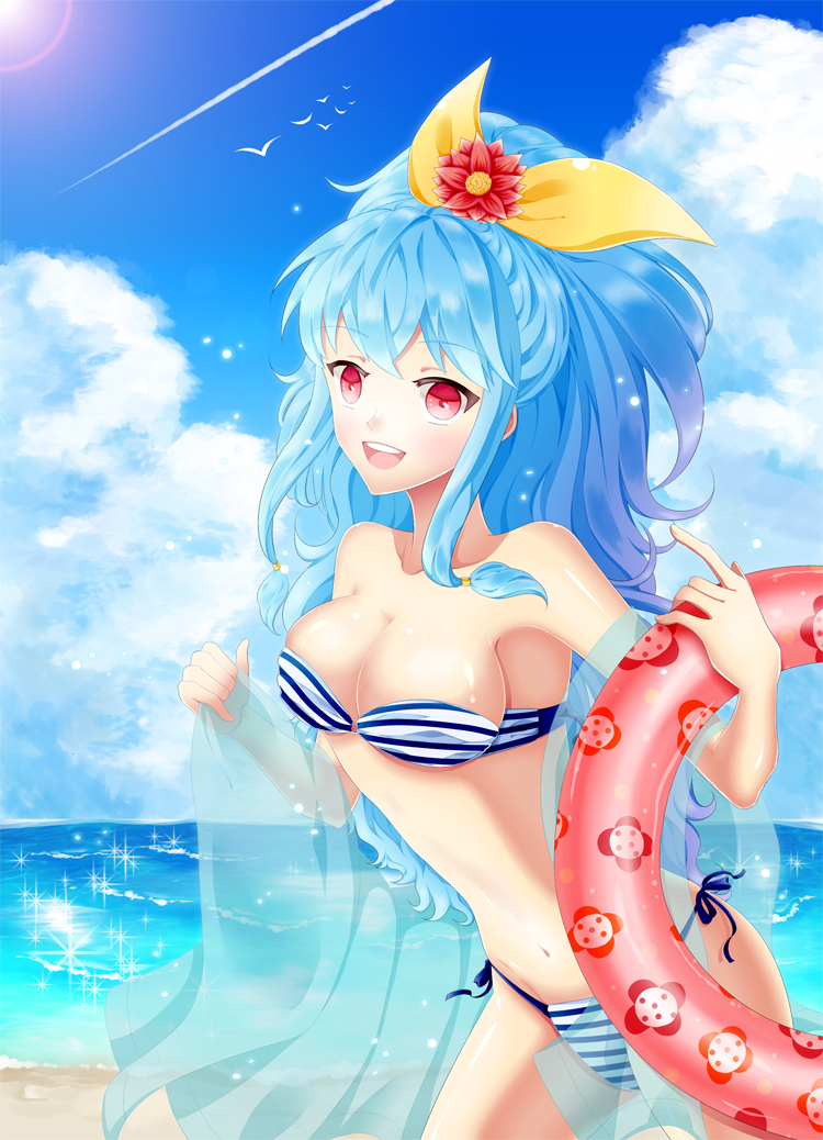 artist_request bandeau beach bikini blue_hair blush bow breasts cloud day holding innertube large_breasts lens_flare linus_falco long_hair navel o-ring o-ring_top open_mouth outdoors red_eyes ribbon see-through shiny shiny_skin shore side-tie_bikini skindentation sky smile solo striped striped_bikini sun swimsuit sword_girls water wavy_hair