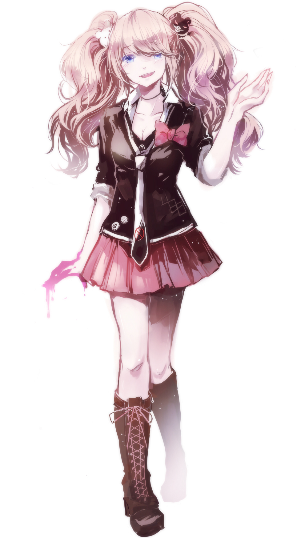 bear_hair_ornament blood_on_fingers blue_eyes boots bow breasts cleavage cross-laced_footwear danganronpa danganronpa_1 enoshima_junko full_body hair_ornament highres long_hair maccha_(mochancc) medium_breasts necktie pink_hair school_uniform skirt sleeves_rolled_up smile solo spoilers twintails