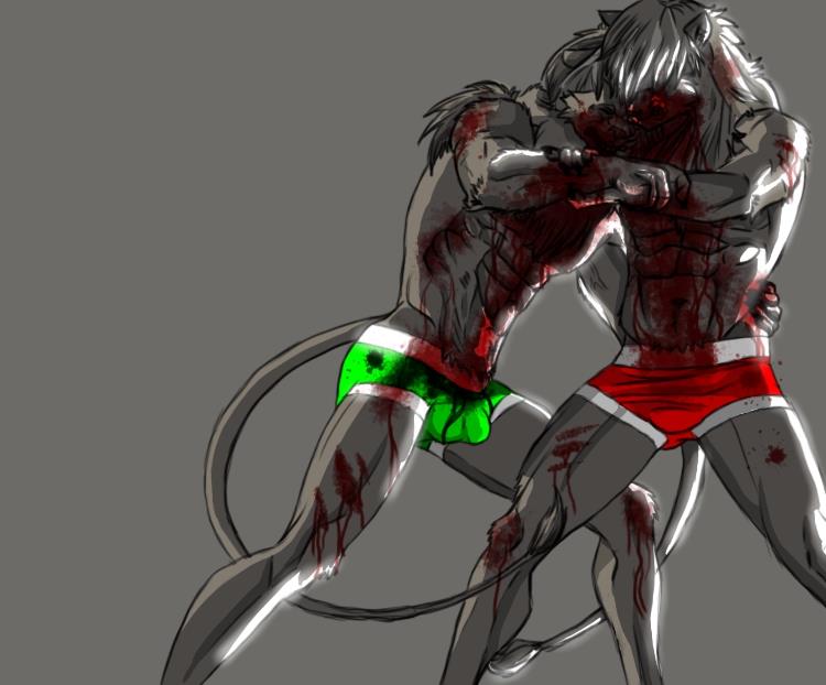 beaten blood bulge claws clownboy1 crotch feline fight grabbing grey_background grey_theme holding invalid_color lion male mammal mma muscles plain_background underwear