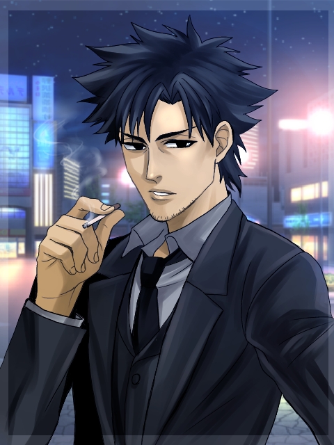 black_eyes black_hair cigarette emiya_kiritsugu facial_hair fate/zero fate_(series) male_focus maruo_(0maru) necktie solo stubble