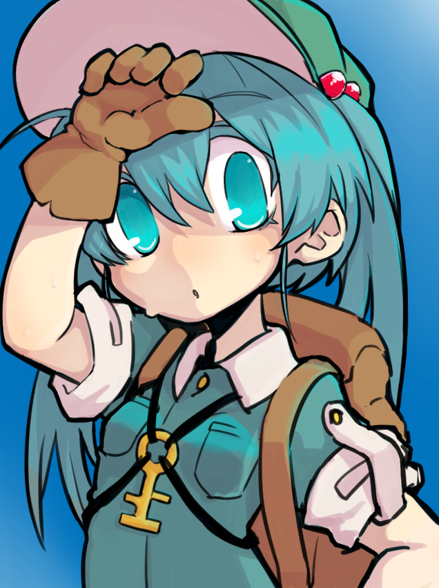:o backpack bag blue_eyes blue_hair gloves hair_bobbles hair_ornament hand_to_forehead hat kawashiro_nitori key lolicom short_sleeves solo sweat touhou twintails upper_body