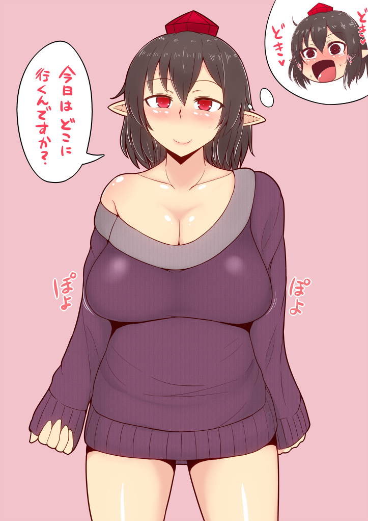 alternate_costume blush bottomless bouncing_breasts breasts brown_hair cleavage excited hat huge_breasts looking_at_viewer mos_(mostfunny) motion_lines naked_sweater nose_blush oversized_clothes plump pointy_ears red_background red_eyes ribbed_sweater shameimaru_aya shiny shiny_skin short_hair simple_background smile solo speech_bubble sweater text_focus thick_thighs thighs thought_bubble tokin_hat touhou translated