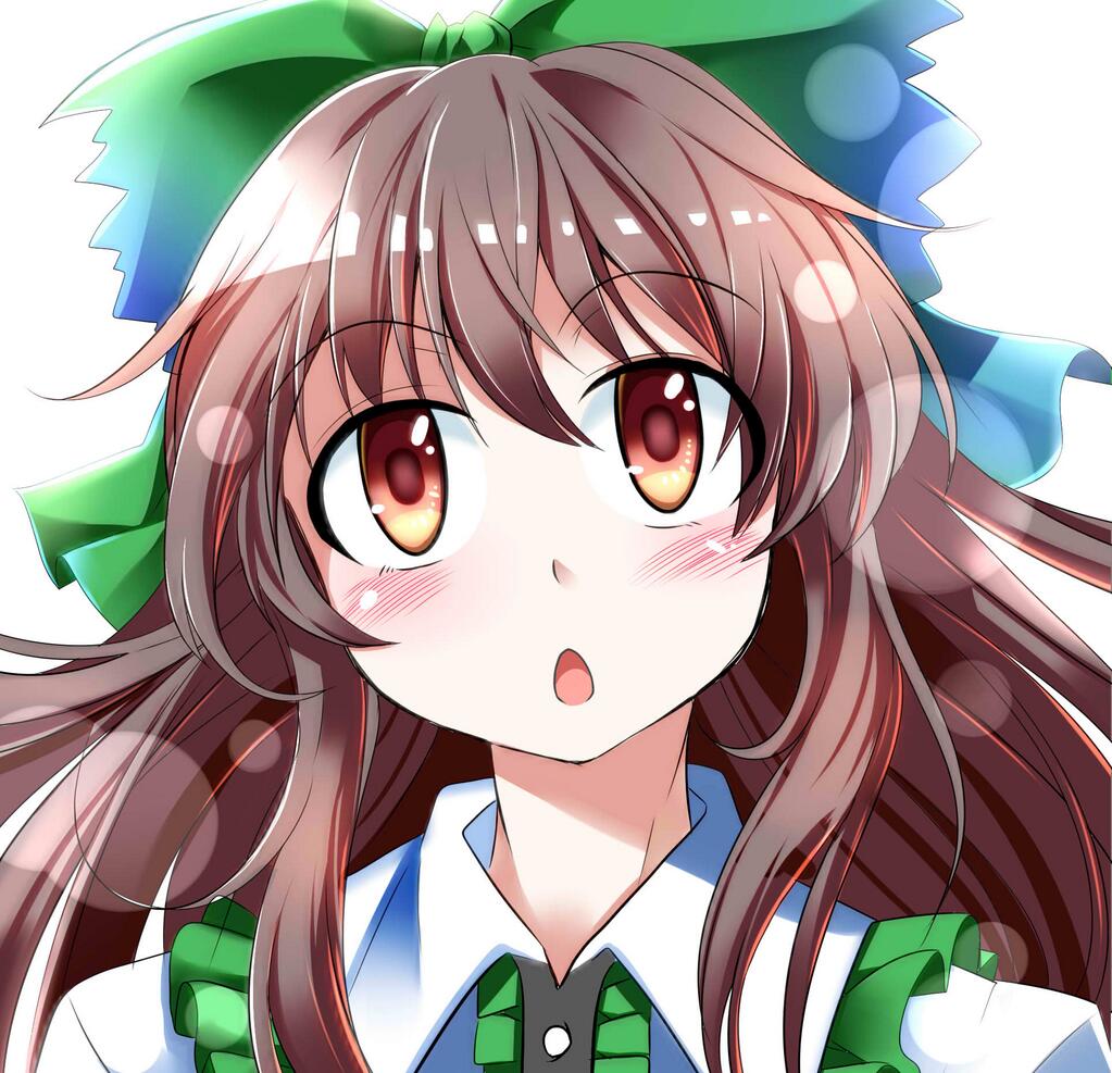 blush bow brown_hair chestnut_mouth commentary e.o. face hair_bow lens_flare long_hair looking_at_viewer open_mouth reiuji_utsuho solo touhou upper_body