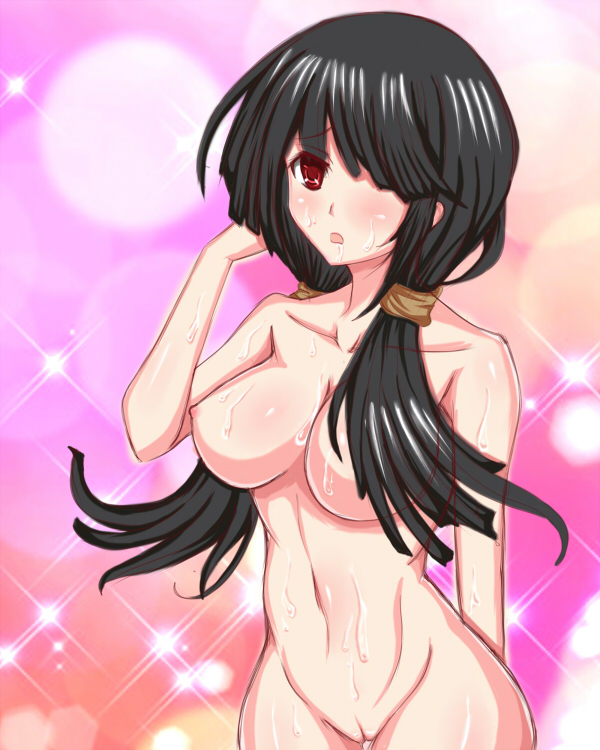 black_hair breasts date_a_live hair_over_one_eye large_breasts long_hair navel nipples nude pussy red_eyes sweat tokisaki_kurumi uncensored
