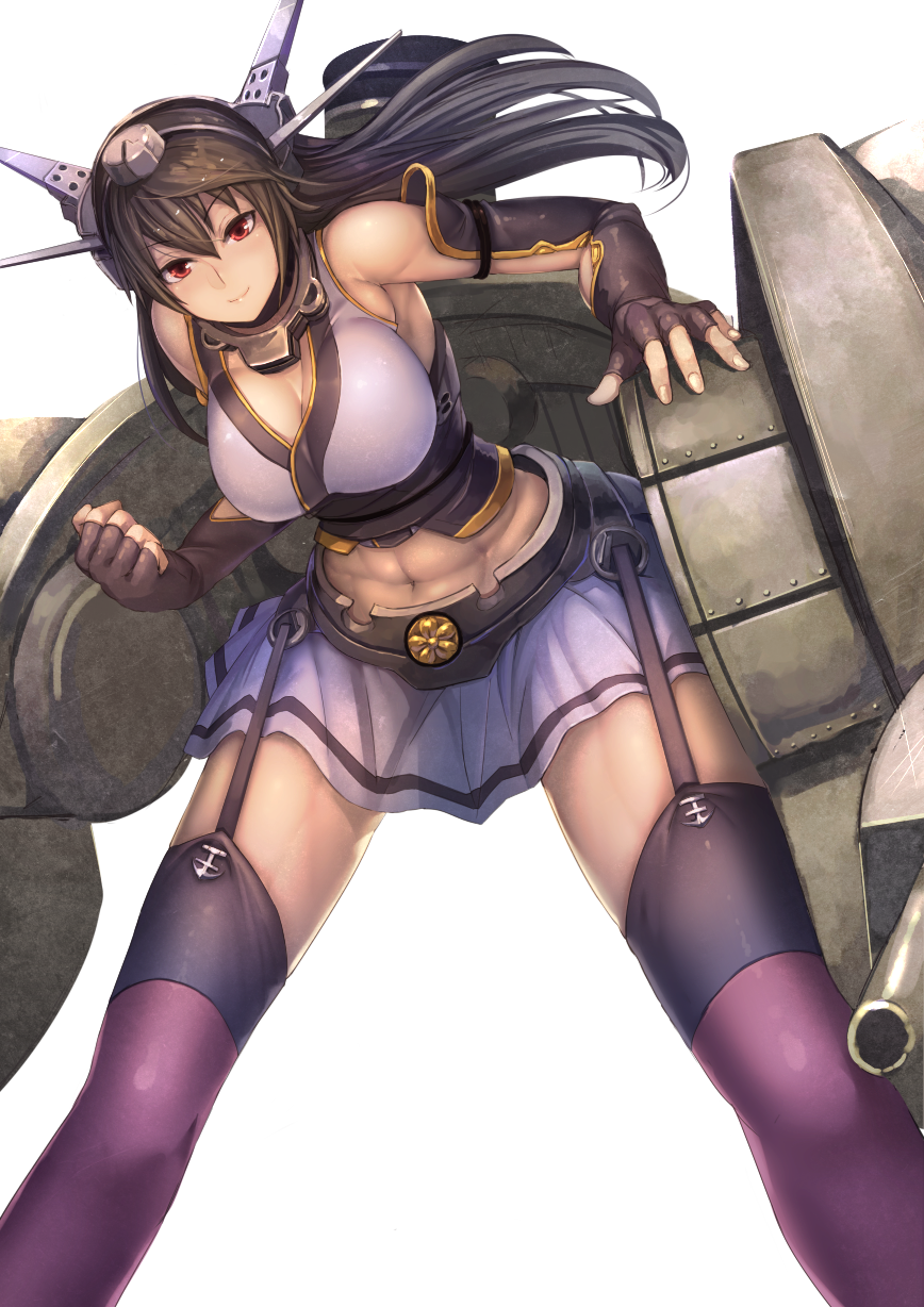 bare_shoulders black_hair breasts elbow_gloves fingerless_gloves gloves hairband headgear highres kantai_collection koruse large_breasts long_hair midriff miniskirt nagato_(kantai_collection) red_eyes skirt solo thighhighs toned zettai_ryouiki