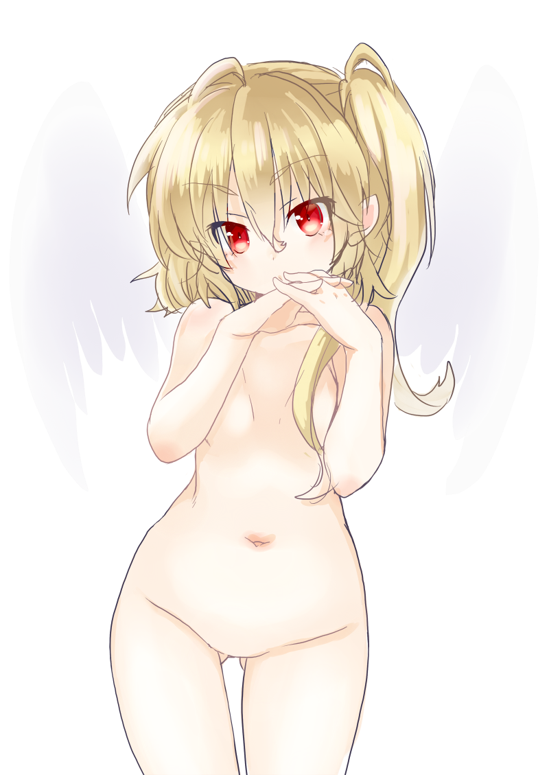 alternate_wings angel_wings blonde_hair breasts censored convenient_censoring eyes_visible_through_hair flandre_scarlet groin ichinose_natsuki interlocked_fingers navel no_pussy nude red_eyes short_hair side_ponytail small_breasts solo touhou transparent_background wide_hips wings