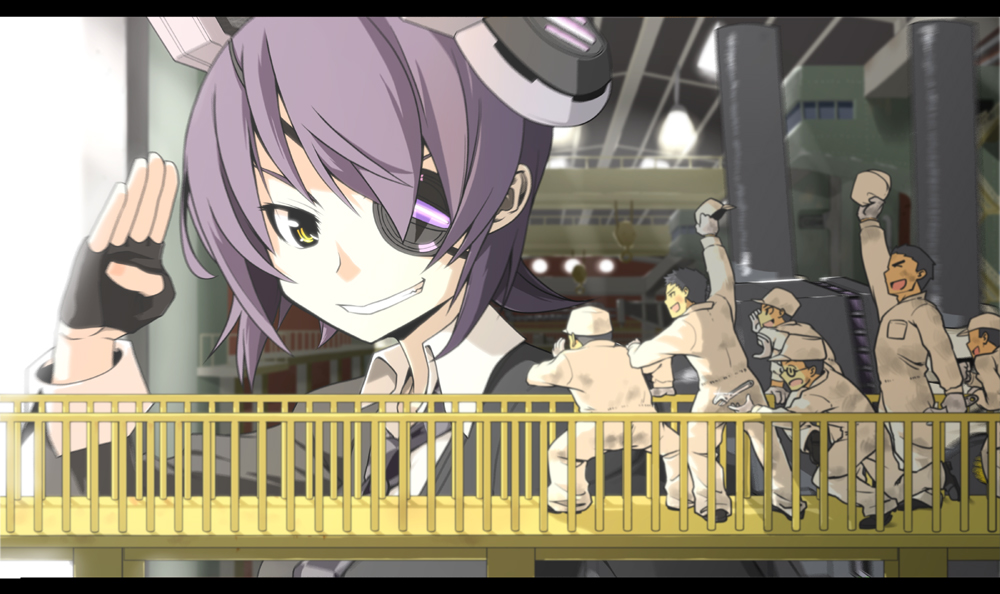 eyepatch fingerless_gloves giantess gloves hat kantai_collection letterboxed necktie open_mouth purple_hair salute school_uniform short_hair smile tenryuu_(kantai_collection) yellow_eyes yunsuku