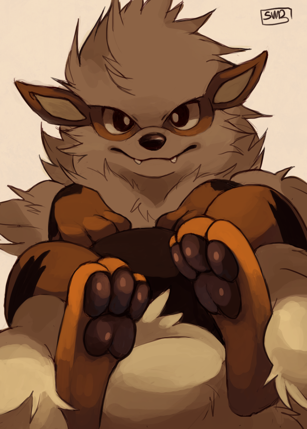 ambiguous_gender arcanine barefoot canine cute feral fur hindpaw looking_at_viewer lying mammal nintendo on_back pawpads paws plain_background pok&#233;mon pok&eacute;mon solo suikuzu video_games