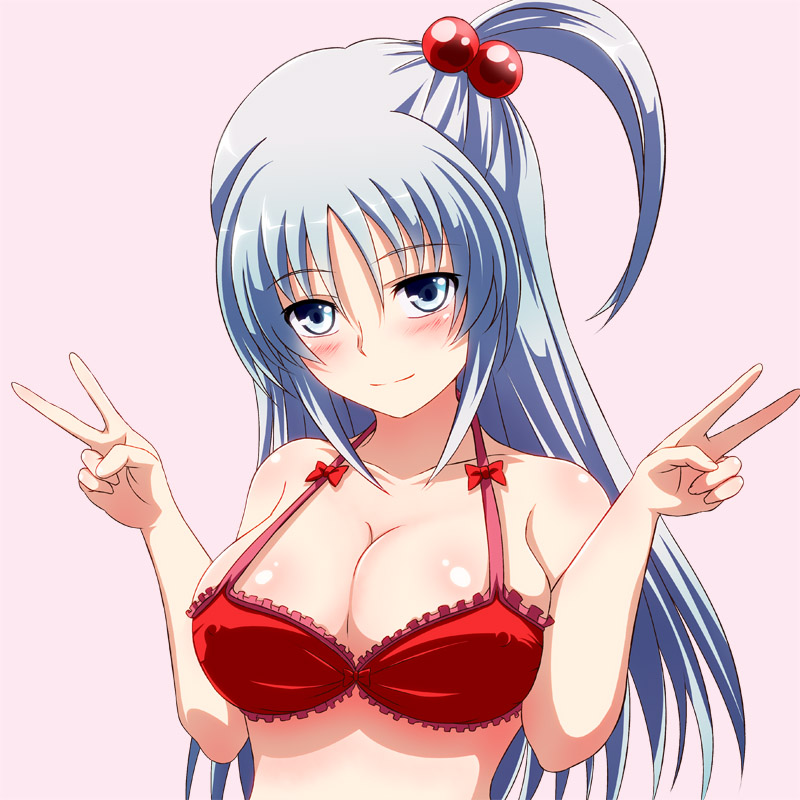 blue_eyes blush bra breasts cleavage hair_bobbles hair_ornament inoshira large_breasts long_hair shinki side_ponytail silver_hair smile solo touhou touhou_(pc-98) underwear v