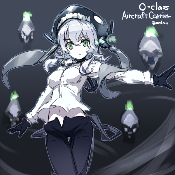 adapted_costume alternate_costume amagai_tarou black_gloves character_name gloves gradient gradient_background green_eyes hat kantai_collection navel open_fly outstretched_arm pants shinkaisei-kan silver_hair simple_background sketch solo unzipped white_skin wo-class_aircraft_carrier