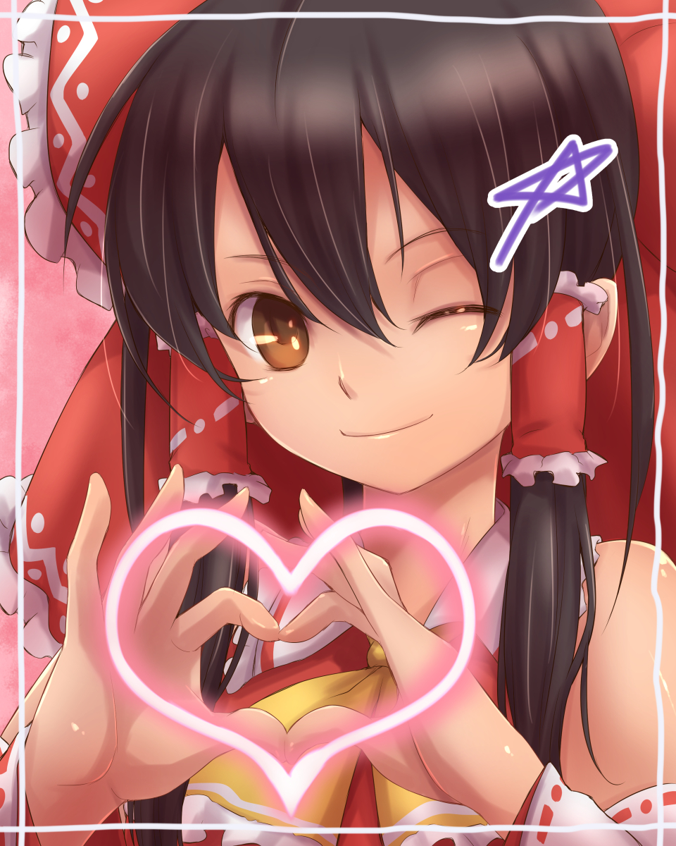 ascot bare_shoulders bow brown_eyes brown_hair closed_mouth detached_sleeves dress face frame hair_bow hair_tubes hakurei_reimu heart heart_hands highres looking_at_viewer one_eye_closed red_dress smile solo touhou tsukigami_chronica upper_body