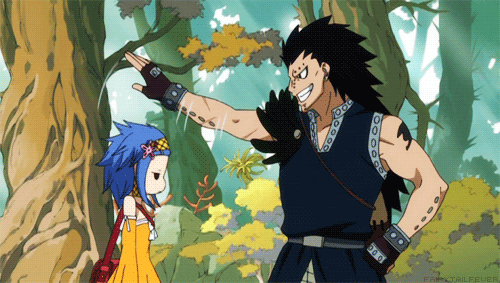 1boy 1girl animated animated_gif bag bare_shoulders black_hair blue_hair fairy_tail flat_chest forest gajeel_redfox levy_mcgarden long_hair lowres nature short_hair smile