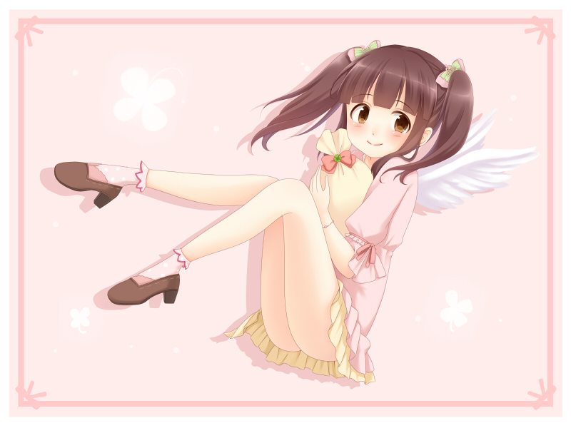 ass bag brown_eyes brown_hair clover commentary dress four-leaf_clover hair_ornament high_heels idolmaster idolmaster_cinderella_girls ogata_chieri ruka_(yzxx) sack sitting smile solo twintails wings