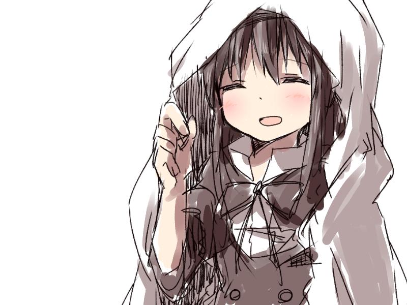 :d akemi_homura bad_id bad_pixiv_id black_hair blanket blush closed_eyes dress facing_viewer funeral_dress hairband iwashi_(ankh) long_hair mahou_shoujo_madoka_magica mahou_shoujo_madoka_magica_movie open_mouth simple_background smile solo spoilers white_background