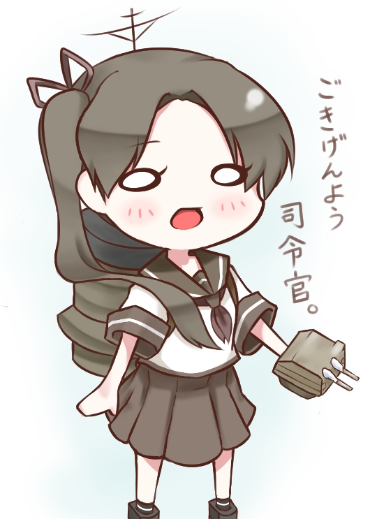 ayanami_(kantai_collection) brown_hair chibi kantai_collection personification school_uniform serafuku side_ponytail