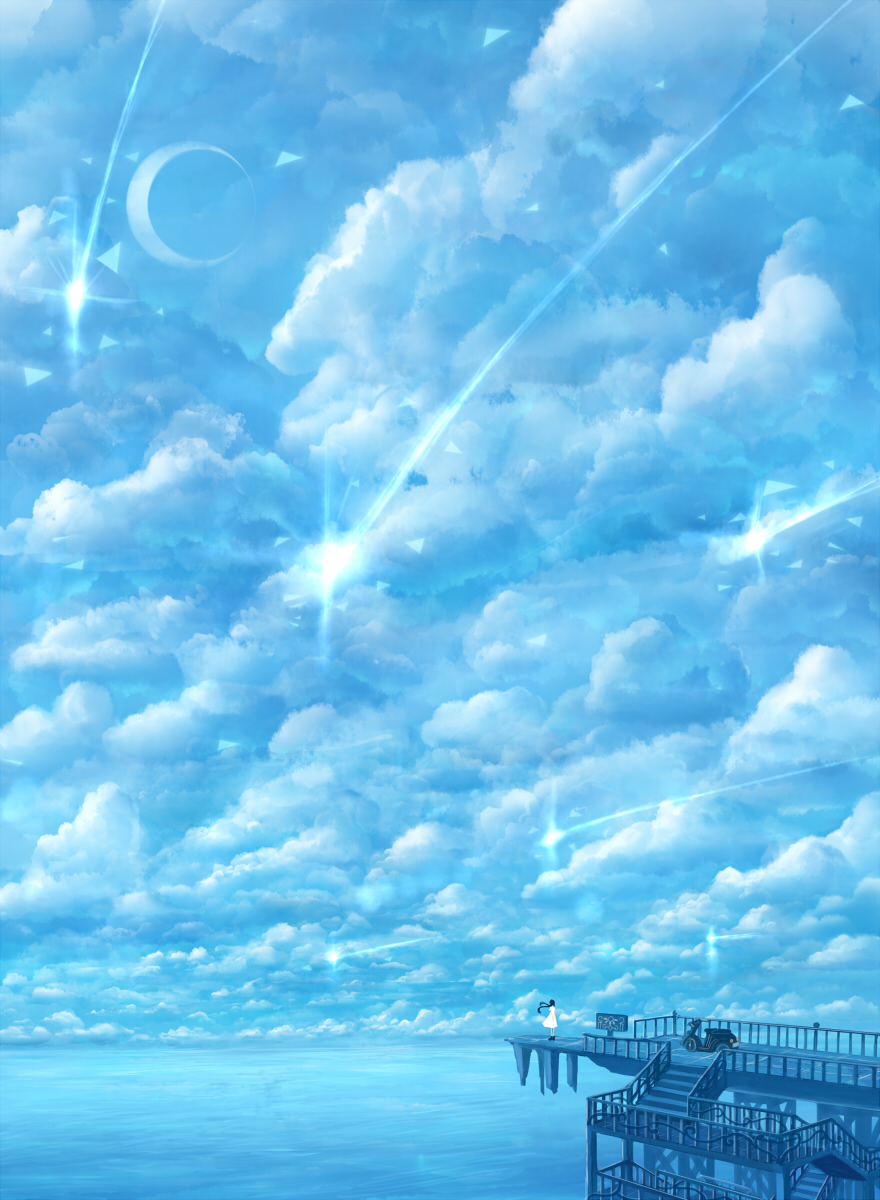 blue blue_sky cloud crescent_moon day dress ground_vehicle highres moon motor_vehicle original pier railing sakimori_(hououbds) scenery scooter shooting_star sign sky solo stairs standing water wind