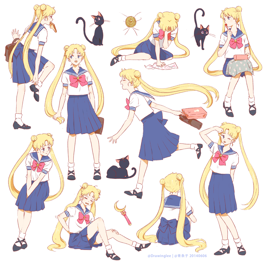 ;p animal artist_name back_bow bag bishoujo_senshi_sailor_moon blonde_hair blue_eyes blue_sailor_collar bow bread cat character_sheet clone clumsy covering_face crescent_moon crying double_bun dressing food food_in_mouth hand_on_own_face juuban_middle_school_uniform lee1210 long_hair long_skirt luna_(sailor_moon) lunchbox moon moon_stick one_eye_closed red_bow sailor_collar school_bag school_uniform serafuku sitting skirt smile socks tongue tongue_out tsukino_usagi twintails very_long_hair