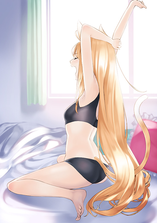 animal_ears arm_up backlighting bare_legs barefoot bed_sheet black_bra black_panties blonde_hair bloom bra breasts cat_ears cat_tail closed_eyes curtains from_behind full_body kyon_(fuuran) long_hair open_mouth original panties pillow profile sitting small_breasts solo sports_bra stretch tail toes underwear underwear_only very_long_hair wariza window yawning