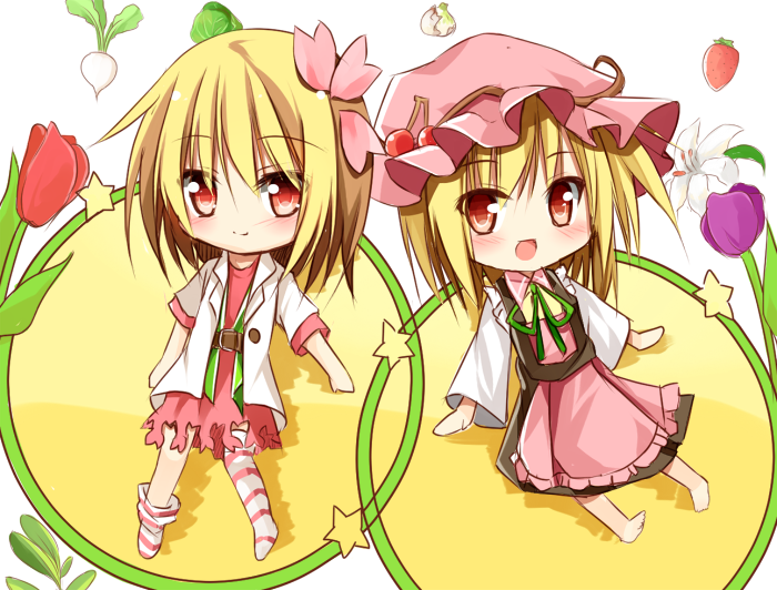 adapted_costume aki_minoriko aki_shizuha apron barefoot blonde_hair cherry dress flower food fruit hair_flower hair_ornament hat jacket long_sleeves looking_at_viewer mob_cap multiple_girls open_clothes open_jacket open_mouth red_dress red_eyes short_hair siblings sisters smile strawberry striped striped_legwear thighhighs touhou wide_sleeves yuuhagi_(amaretto-no-natsu) zettai_ryouiki