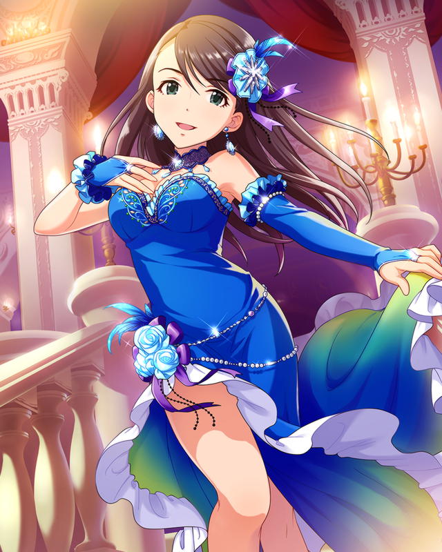 :d bangs blue_dress blue_gloves breasts brown_hair candelabra cleavage dress earrings elbow_gloves fingerless_gloves frilled_dress frilled_gloves frills gloves gown green_eyes hair_ornament hand_on_own_chest idolmaster idolmaster_cinderella_girls jewelry jpeg_artifacts large_breasts long_hair looking_at_viewer nishikawa_honami official_art open_mouth outstretched_arm pillar railing smile solo sparkle stairs standing swept_bangs