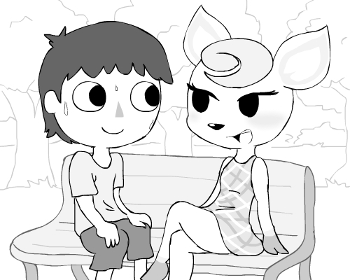 animal_crossing animated bench cervine deer dialog diana diana_(animal_crossing) female greyscale human male mammal monochrome nintendo park skirt sweat text unknown_artist video_games
