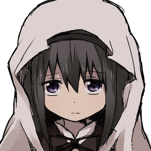 akemi_homura bad_id bad_pixiv_id black_hair blanket dress frown funeral_dress hairband iwashi_(ankh) long_hair looking_at_viewer lowres mahou_shoujo_madoka_magica mahou_shoujo_madoka_magica_movie purple_eyes simple_background solo spoilers white_background