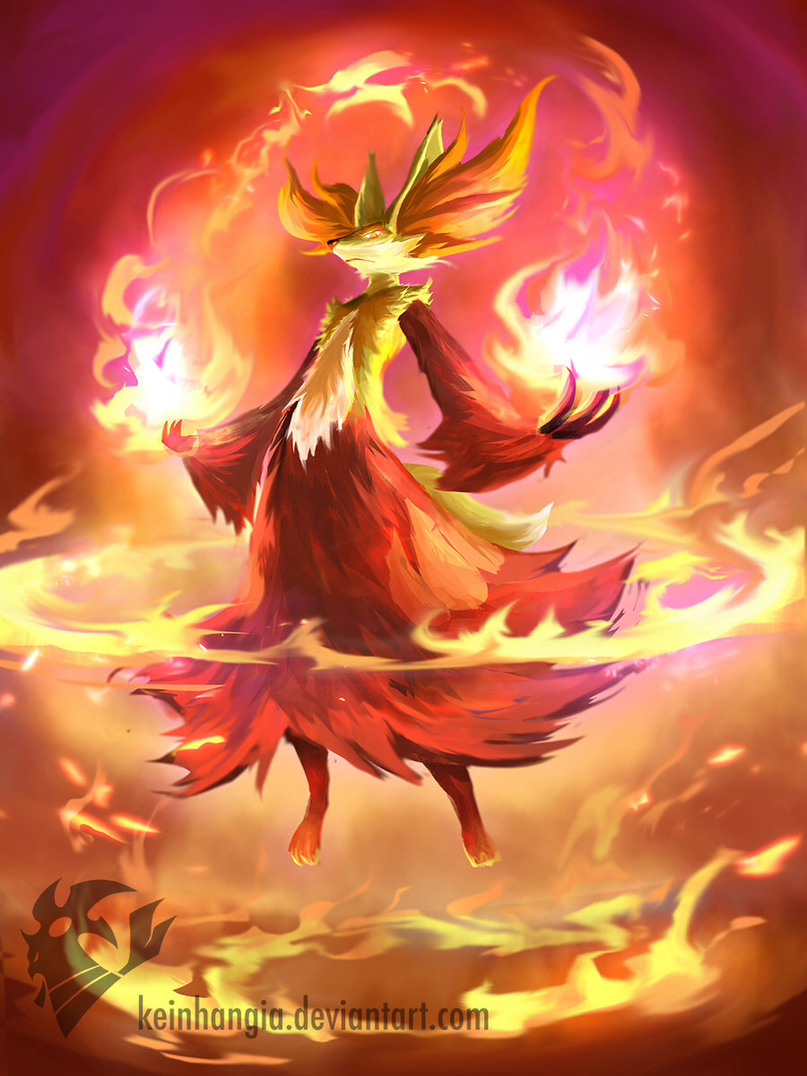 angry delphox fire floating fur highres nintendo no_humans pokemon pokemon_(game) pokemon_xy solo watermark