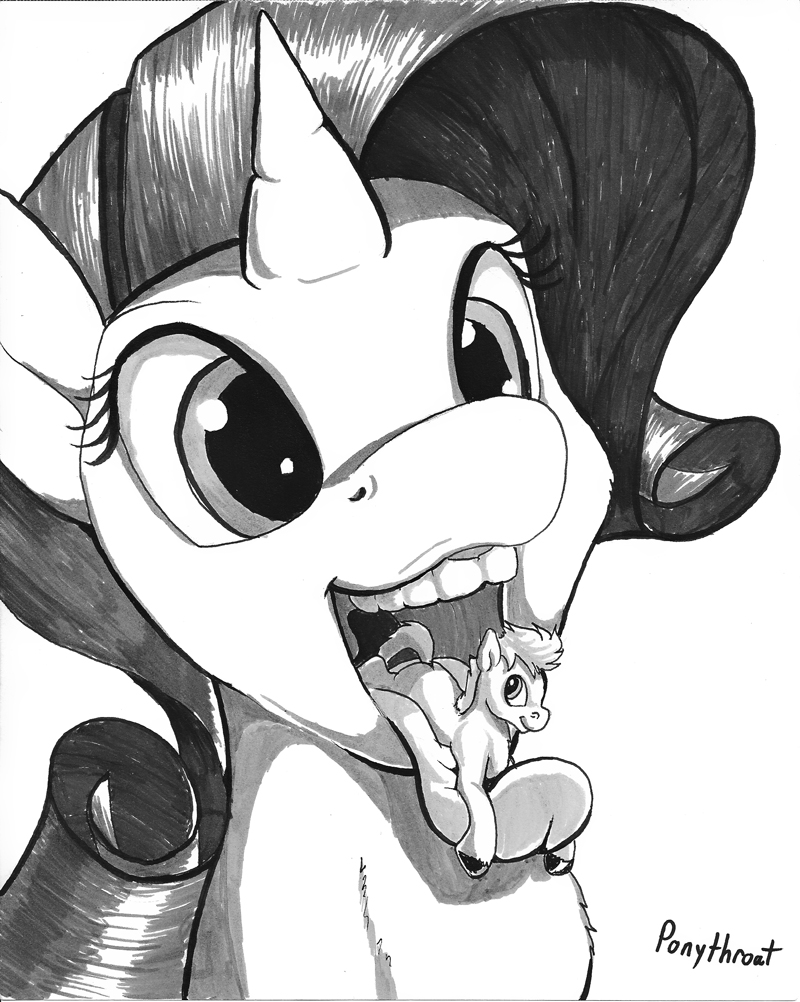 body_in_mouth duo earth_pony equine eyelashes female feral friendship_is_magic greyscale hair horn horse long_hair lying macro male mammal micro monochrome my_little_pony on_front open_mouth original_character pony ponythroat rarity_(mlp) size_difference straight teeth tongue tongue_out unicorn