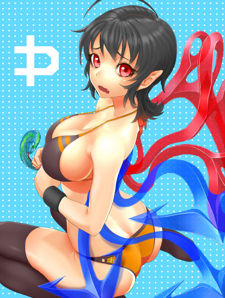 ahoge ass asymmetrical_wings bare_shoulders bikini black_hair black_legwear breasts cleavage fangs gishu highres houjuu_nue large_breasts looking_at_viewer open_mouth pointy_ears red_eyes sideboob sitting snake solo strap_gap swimsuit thighhighs touhou wariza wavy_mouth wings wristband