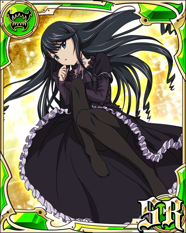 black_hair blue_eyes card_(medium) gothic_lolita lolita_fashion long_hair lying minamiya_natsuki pantyhose solo strike_the_blood very_long_hair