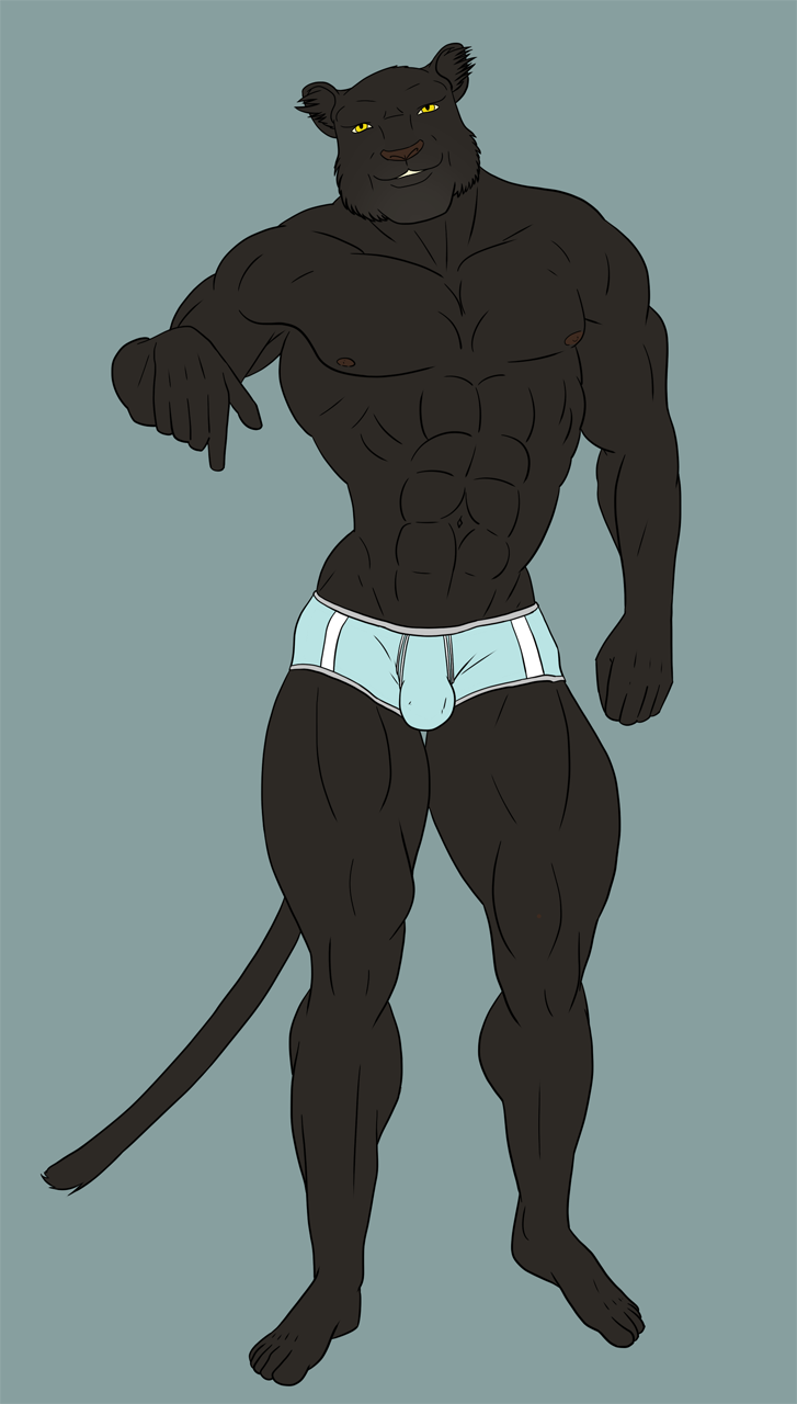 5_fingers 5_toes abs anthro barefoot biceps big_muscles black_fur bodybuilder bulge clothing feline fur human_feet lionsilverwolf looking_at_viewer male mammal muscles nipples panther pecs plain_background plantigrade smile solo standing toes toned topless underwear yellow_eyes