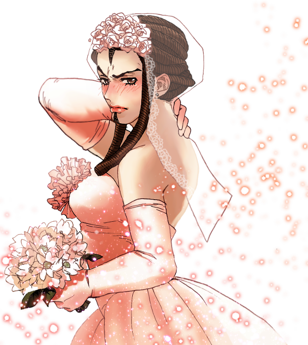 blush bouquet bridal_veil bride dress elbow_gloves ermes_costello flower gloves hairlocs jojo_no_kimyou_na_bouken pppuni solo veil wedding_dress
