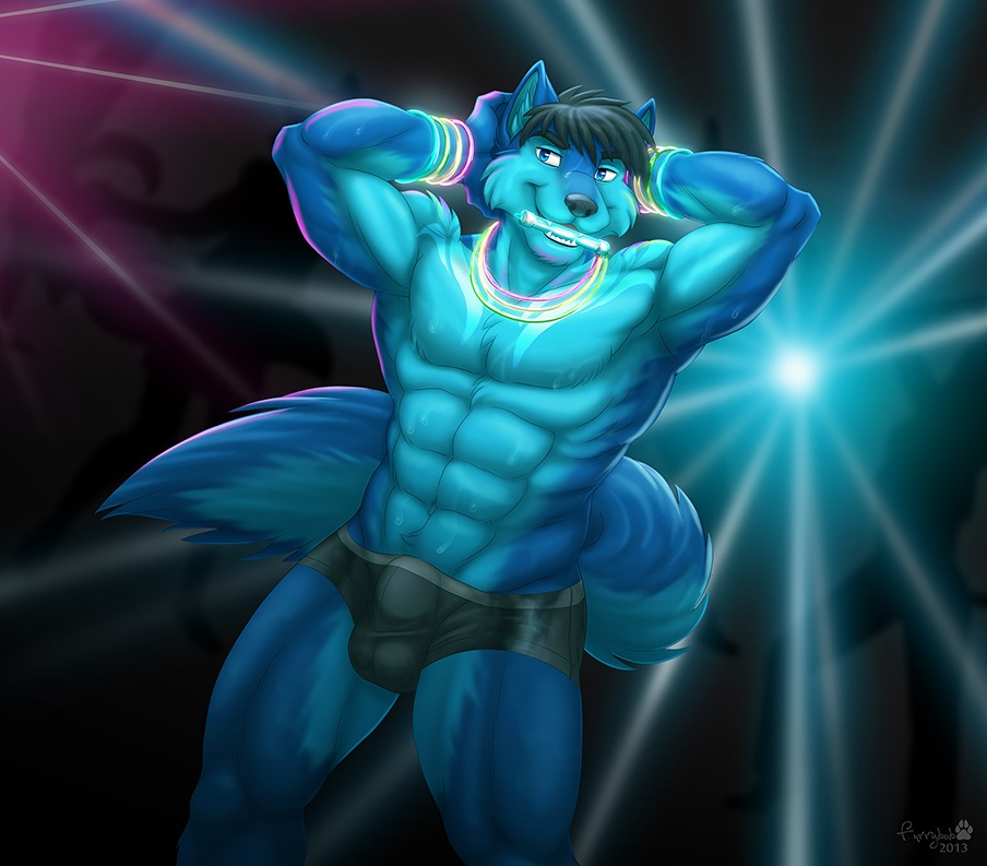 abs anthro armpits arms_behind_head biceps big_muscles black_hair black_nose blue_body blue_eyes blue_fur boxer_briefs boxers bulge canine chest_tuft djwolf fangs flexing fur furrybob glowstick grin hair hands_behind_head lights male mammal muscles open_mouth pecs pose rave sharp_teeth smile solo standing sweat teeth toned topless tuft underwear wolf