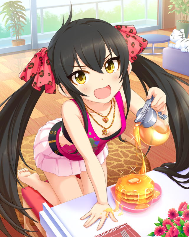 artist_request barefoot black_hair butter flower food fork idolmaster idolmaster_cinderella_girls jewelry kneeling long_hair matoba_risa official_art open_mouth pancake pendant ribbon solo syrup twintails very_long_hair yellow_eyes