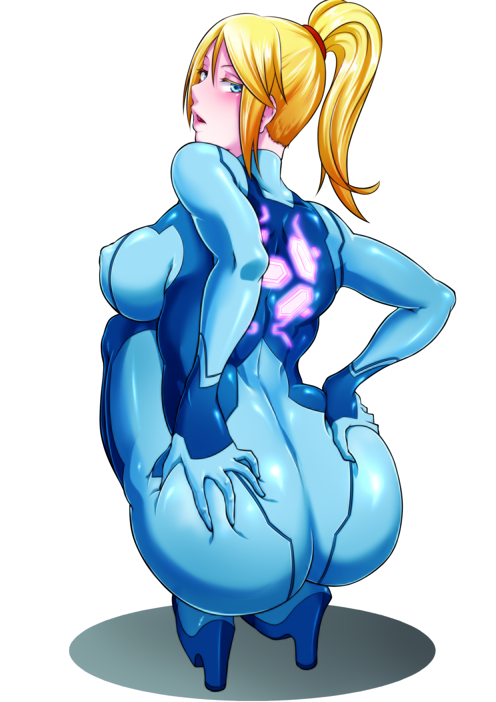 ass ass_grab blonde_hair blue_eyes blush bodysuit breasts covered_nipples deep_skin from_behind grabbing_own_ass high_heels highres huge_ass kanta_(x-tei) large_breasts long_hair looking_at_viewer looking_back metroid naughty_face open_mouth parted_lips ponytail puffy_nipples samus_aran solo squatting zero_suit